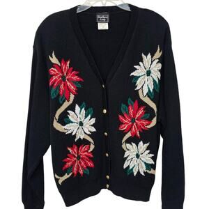 Southern Lady Floral Print V-Neck Button Down Sweater Black Women's Plus 1X Goth